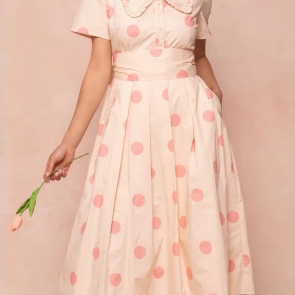 Ivy City Co Cream and Pink Polka Dot Midi Dress